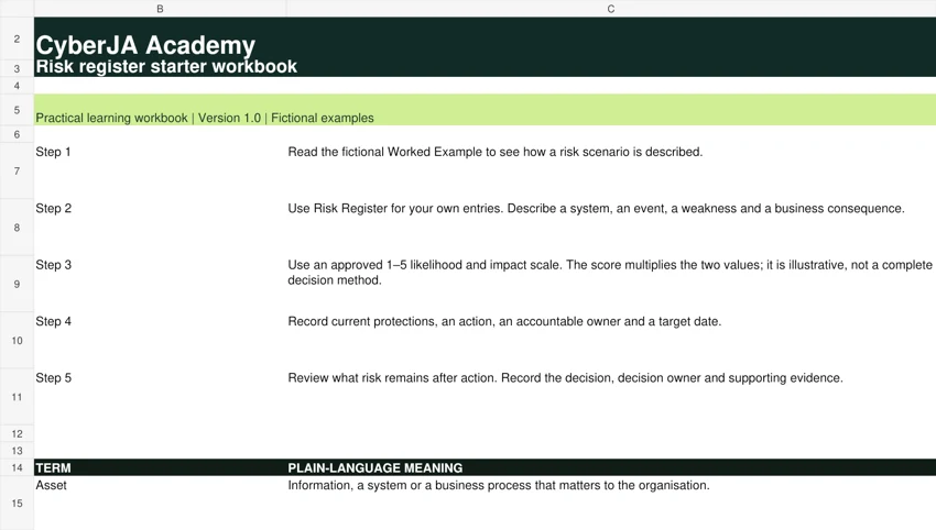 CyberJA Risk Assessment Template workbook preview